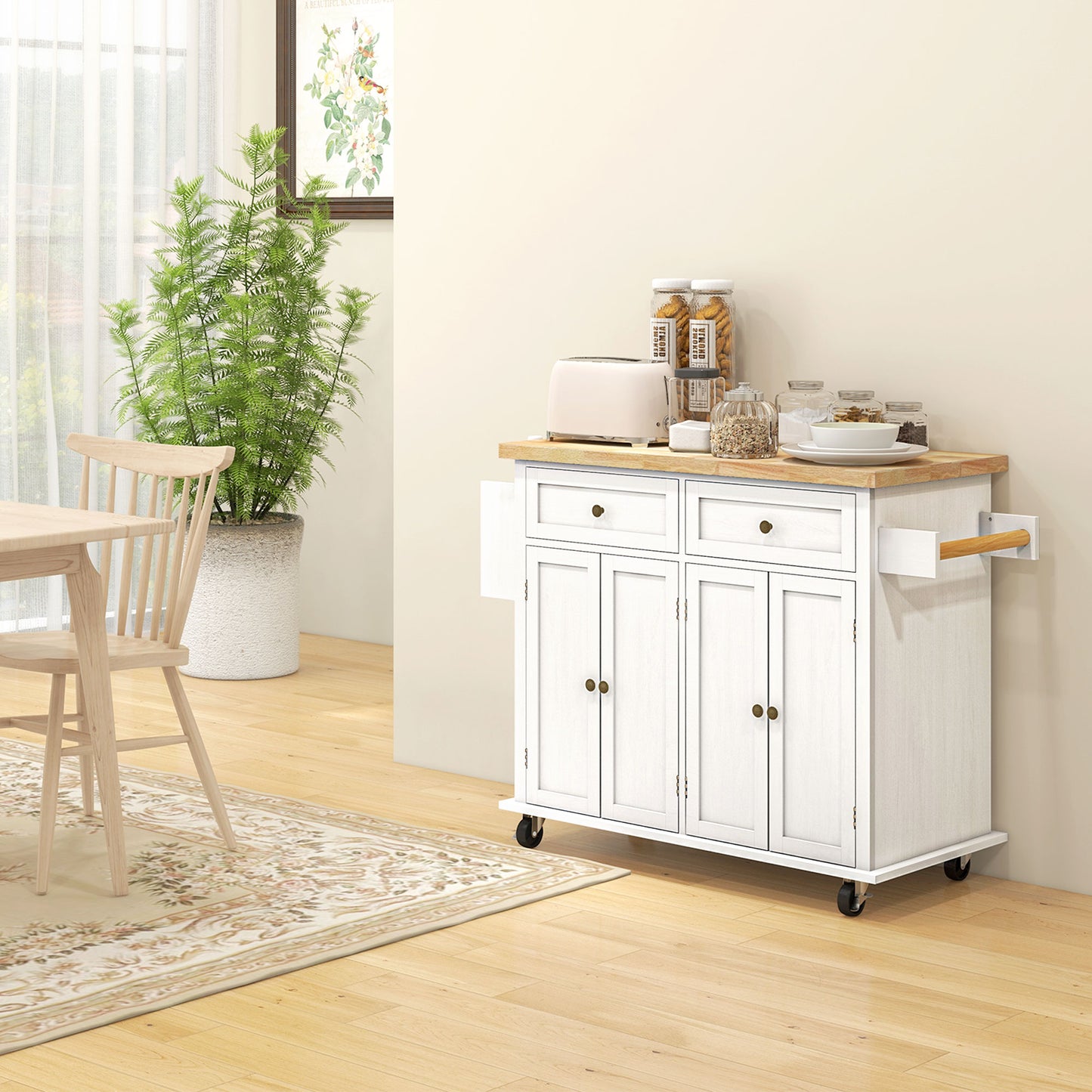 Rolling Kitchen Island Cart with Spice Rack - Distressed White