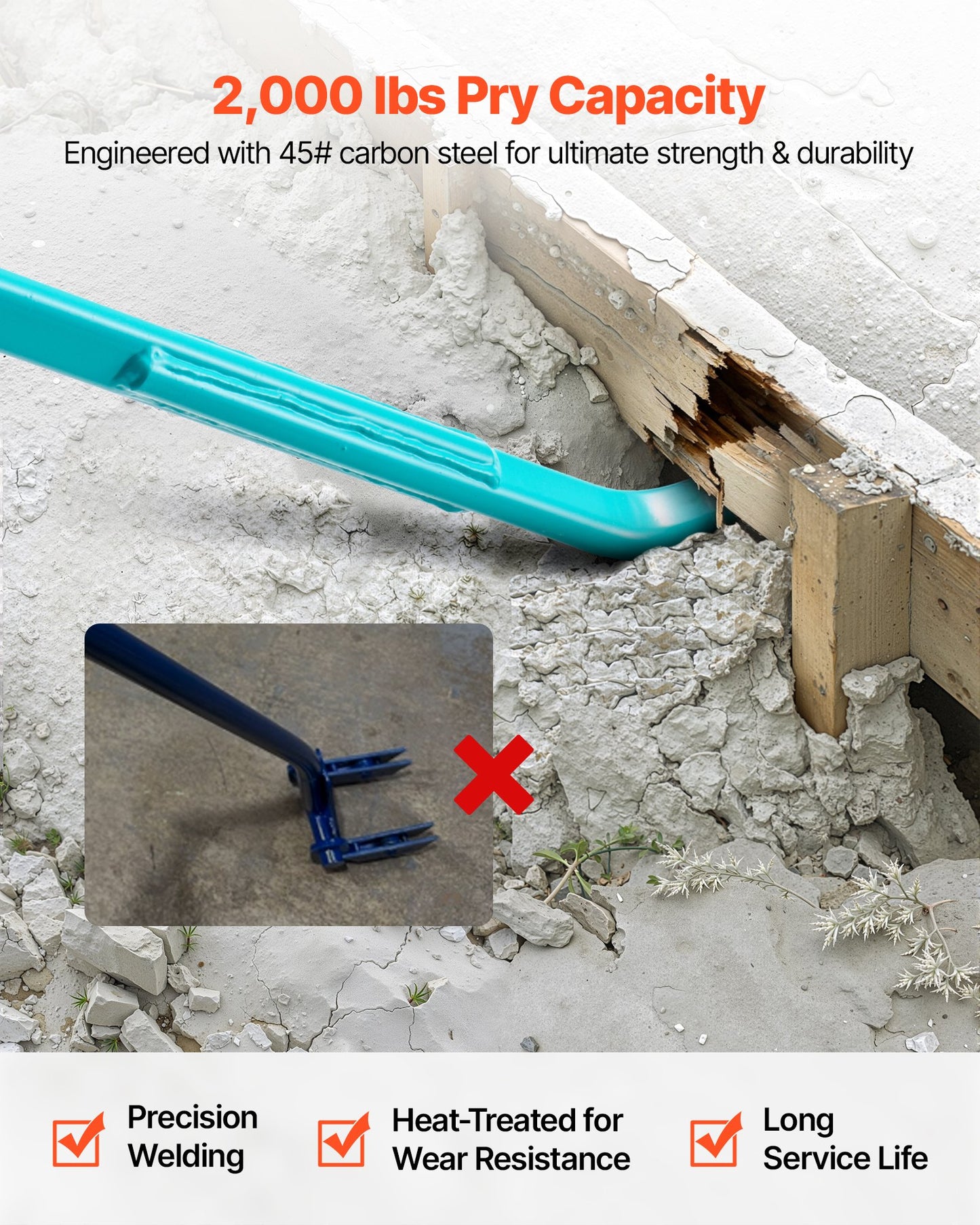 Heavy Duty Pry Lever Bar 2000 Lb Capacity - 52.5 Inch Carbon Steel Crowbar for Demolition and Construction