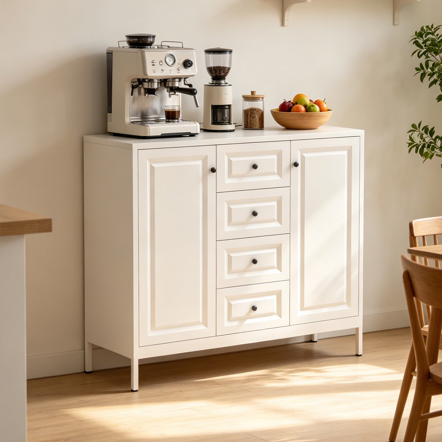 Beige 40.16'' Storage Sideboard Buffet Cabinet with 4 Drawers & 2 Doors