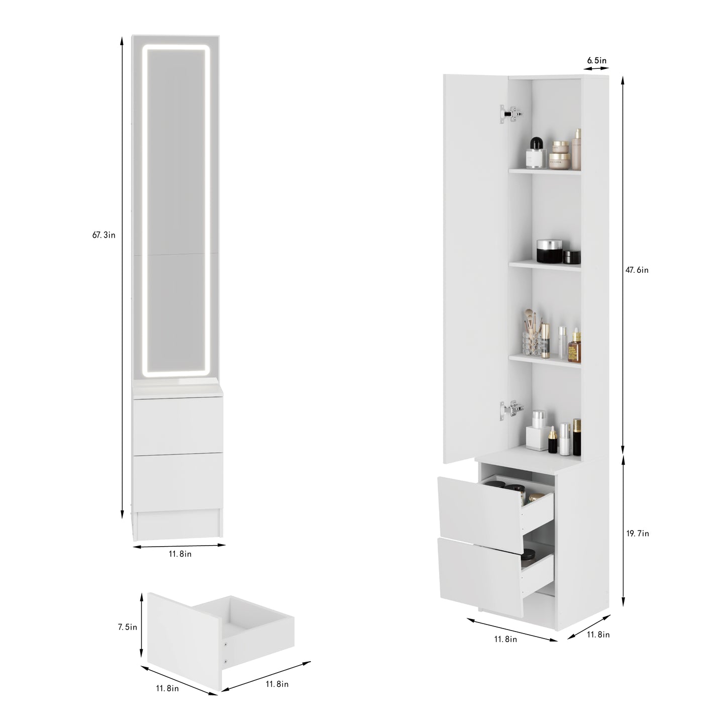 Adjustable LED Dressing Mirror Cabinet - White, Multi-layer Storage