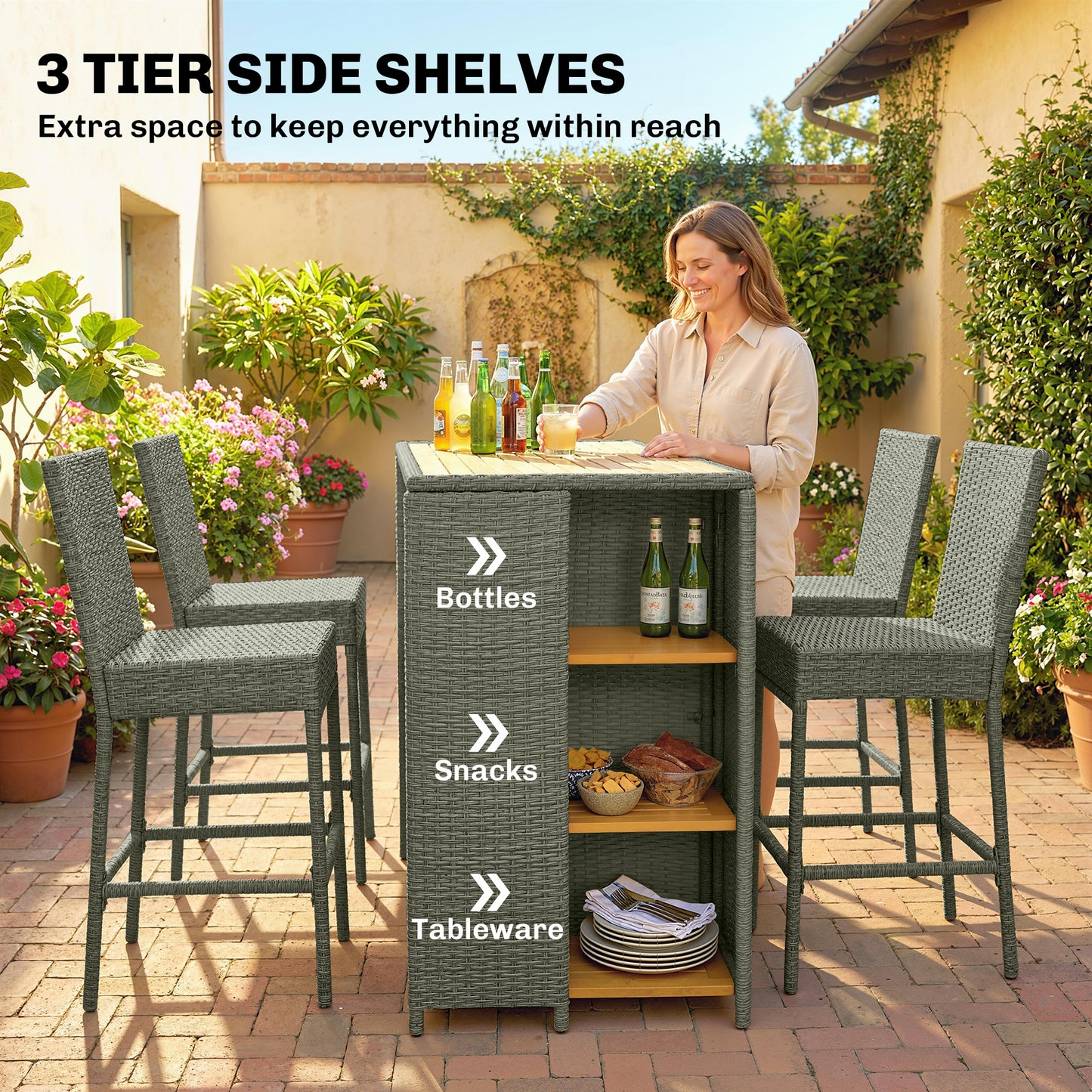 5-Piece Wicker Outdoor Bar Set with Cushions & 3 Shelves - Gray
