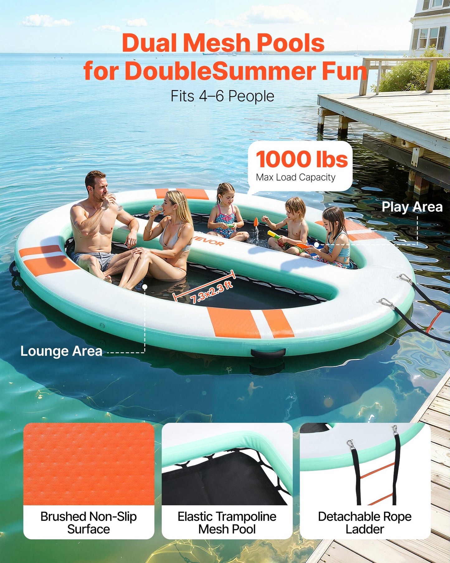 Inflatable Floating Dock Platform with Mesh Pools and Ladder - 10x8 ft Water Raft for Pool Beach Ocean