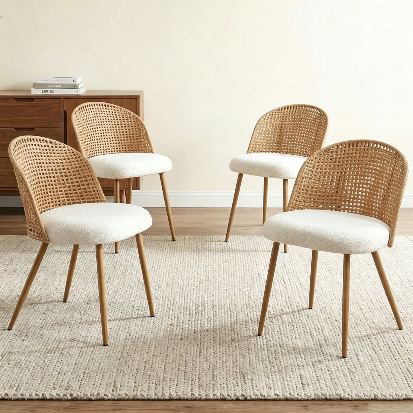 Modern Beige & Brown Wicker Dining Chairs Set of 4