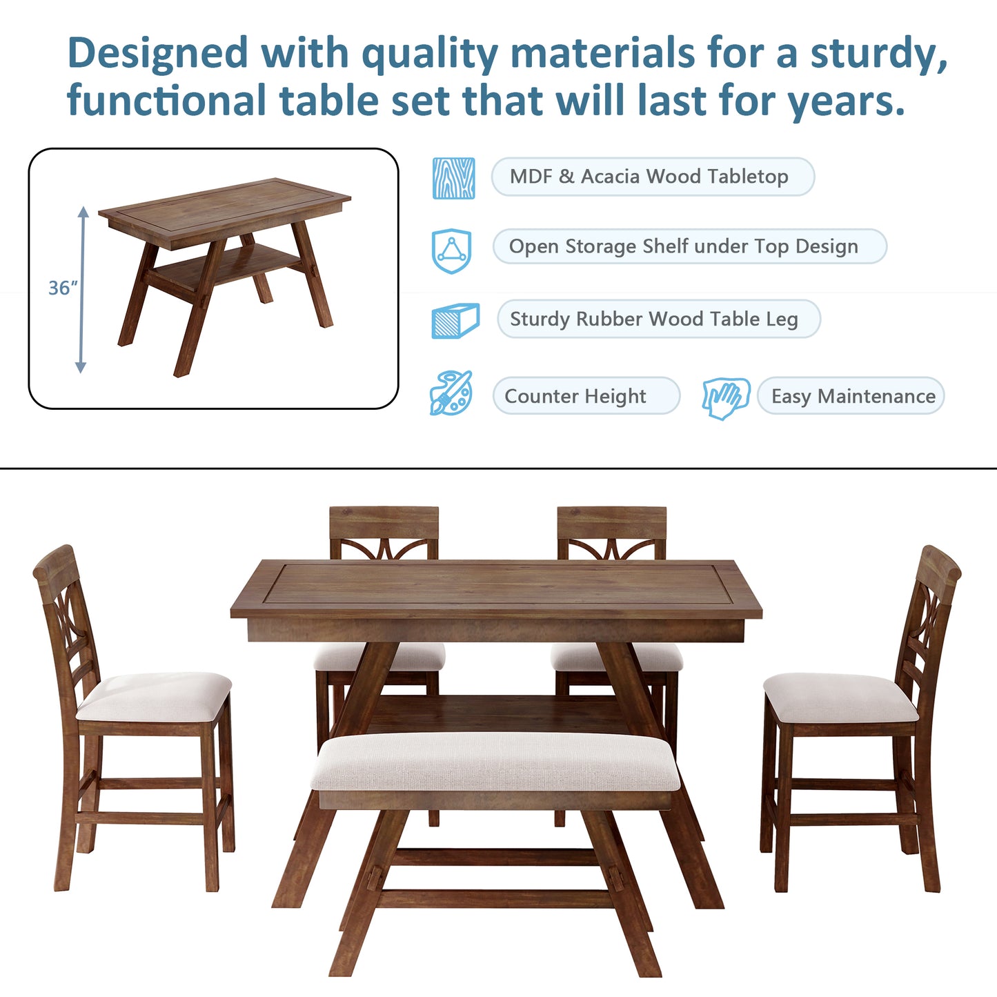 Counter Height Dining Table Set with Storage Shelf - 6 Pieces, Walnut