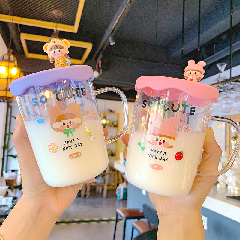 Creative Cartoon Girl Glass Cup 500ml - Colorful Handcrafted Drinking Mug