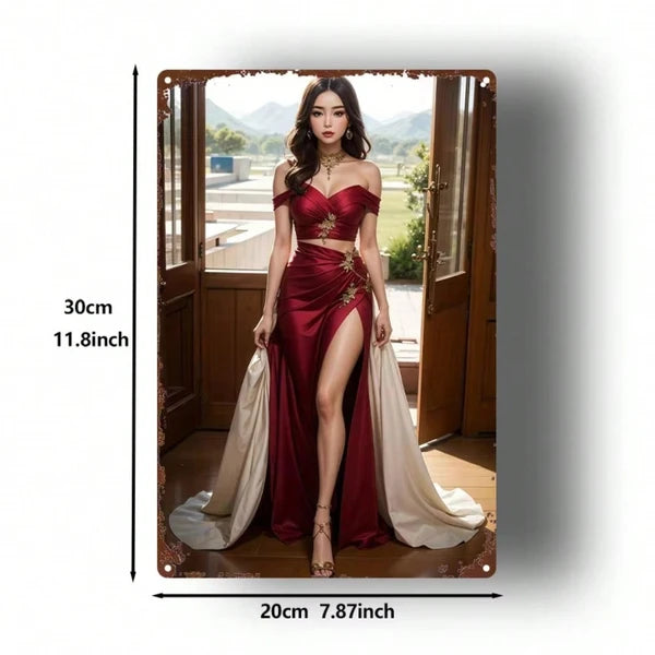 Vintage Red Dress Lady Metal Tin Sign Wall Art - 8x12 Inch
