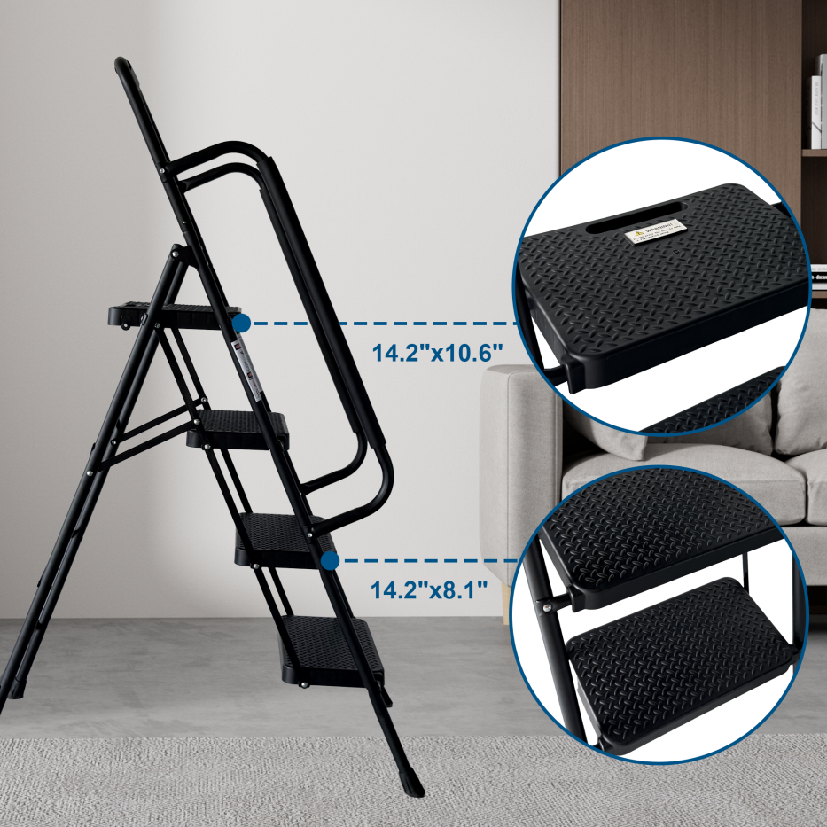 4 Step Folding Ladder Stool with Anti-Slip Pedals - Black