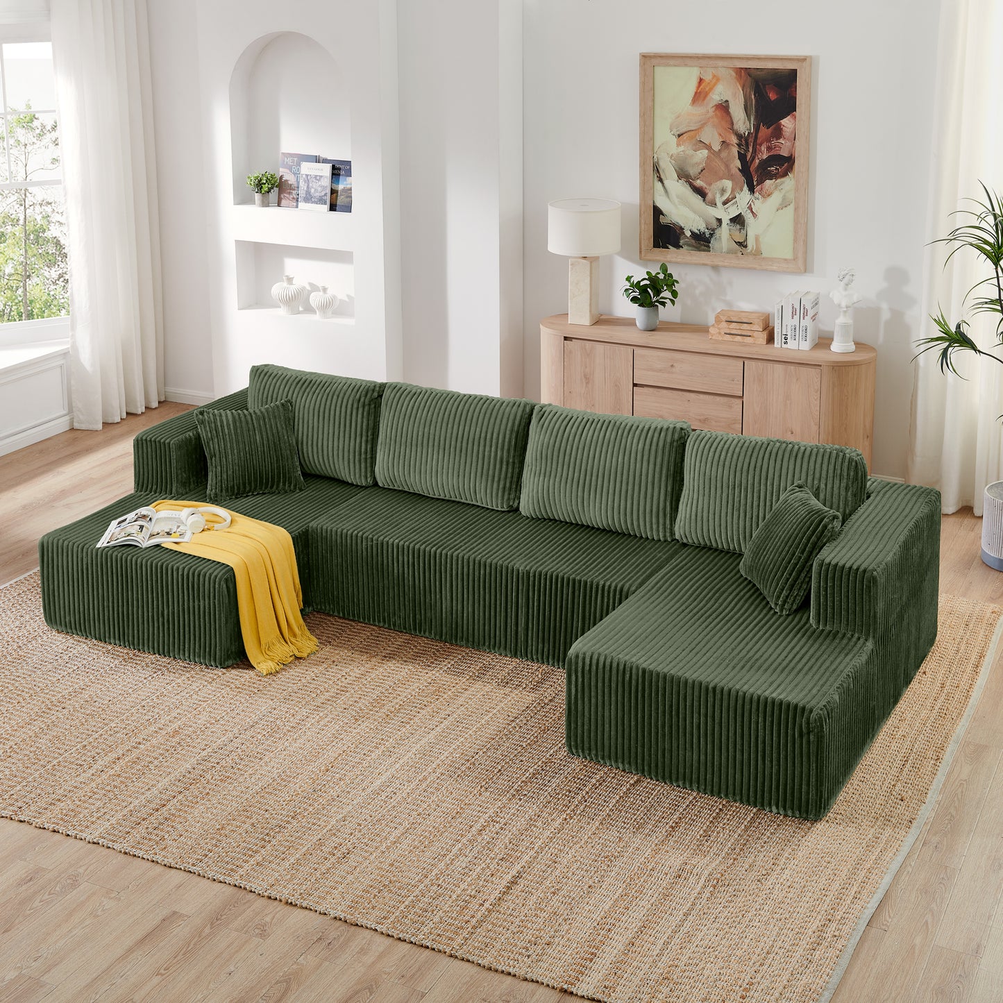U-Shape Modular Sectional Sofa - Compressed Corduroy Couch - Green