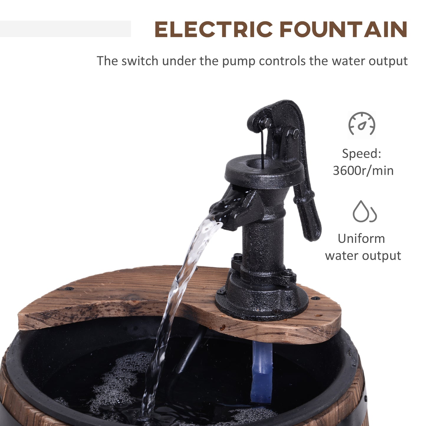 Outdoor Wooden Water Fountain Pump Garden Decor - 23 Inch, Rustic