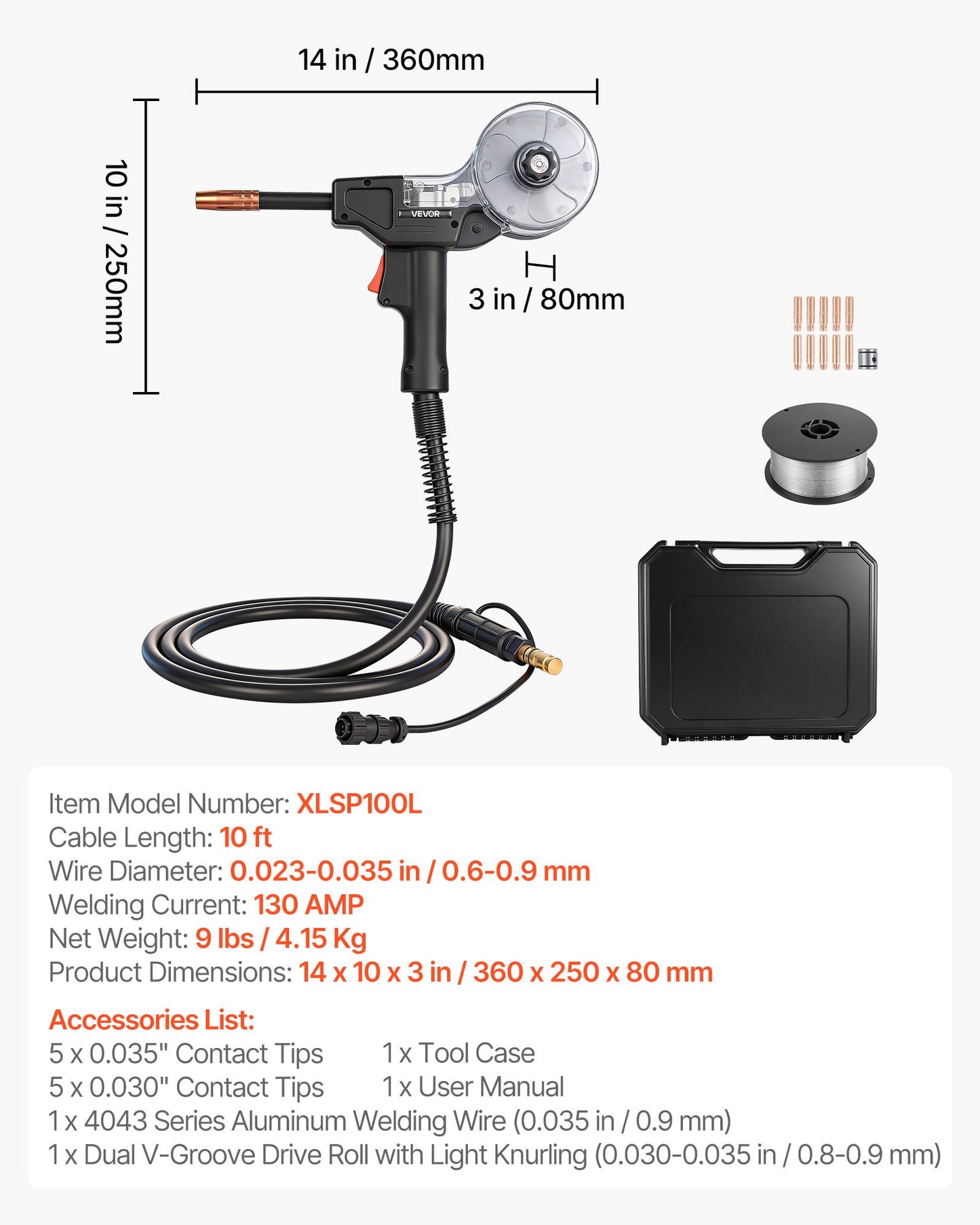 130Amp MIG Spool Gun with 10ft Cable for Lincoln Welders - Includes Tips & Aluminum Wire