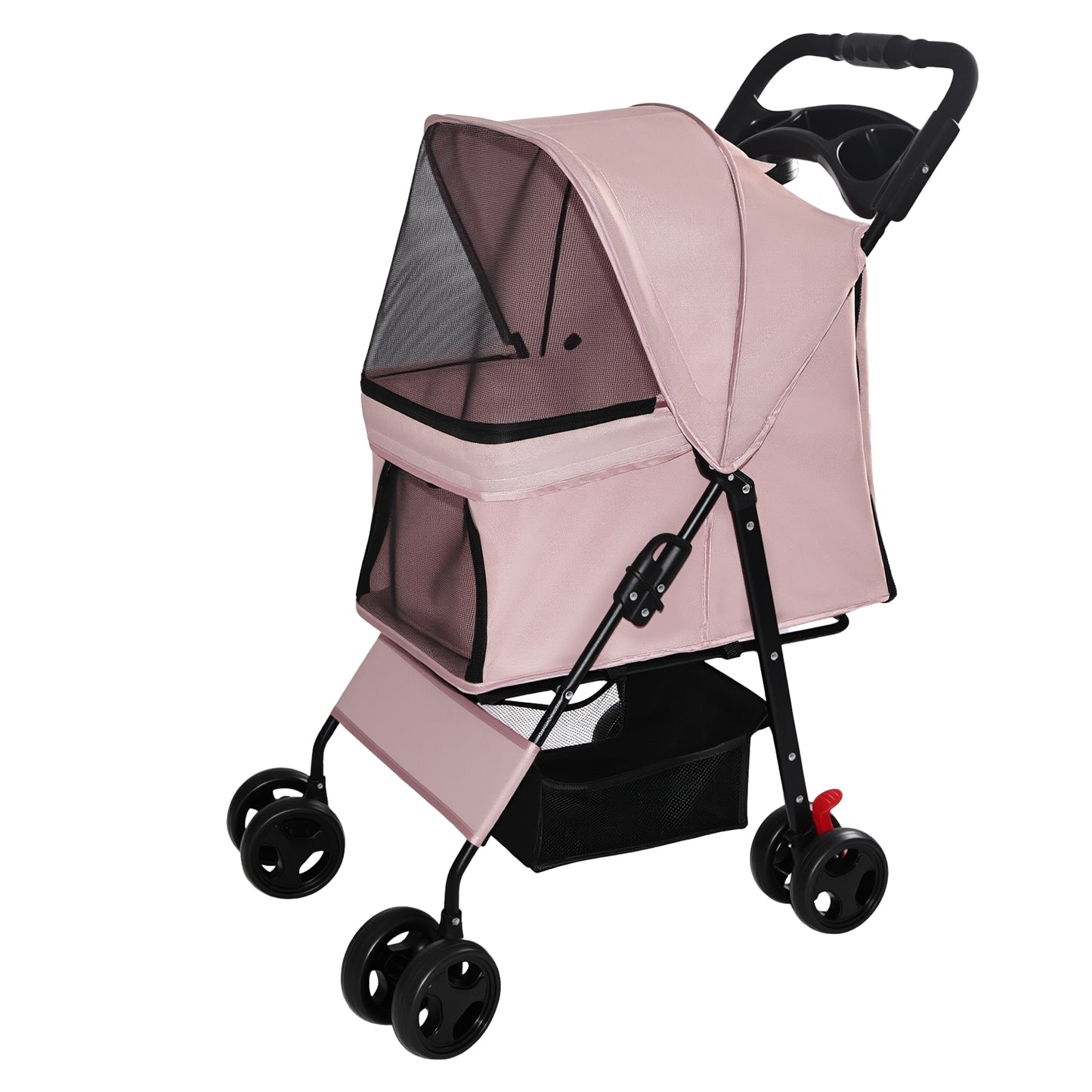 Foldable Pet Stroller for Small Dogs Cats Up to 28 lbs with Mesh & Storage - Pink