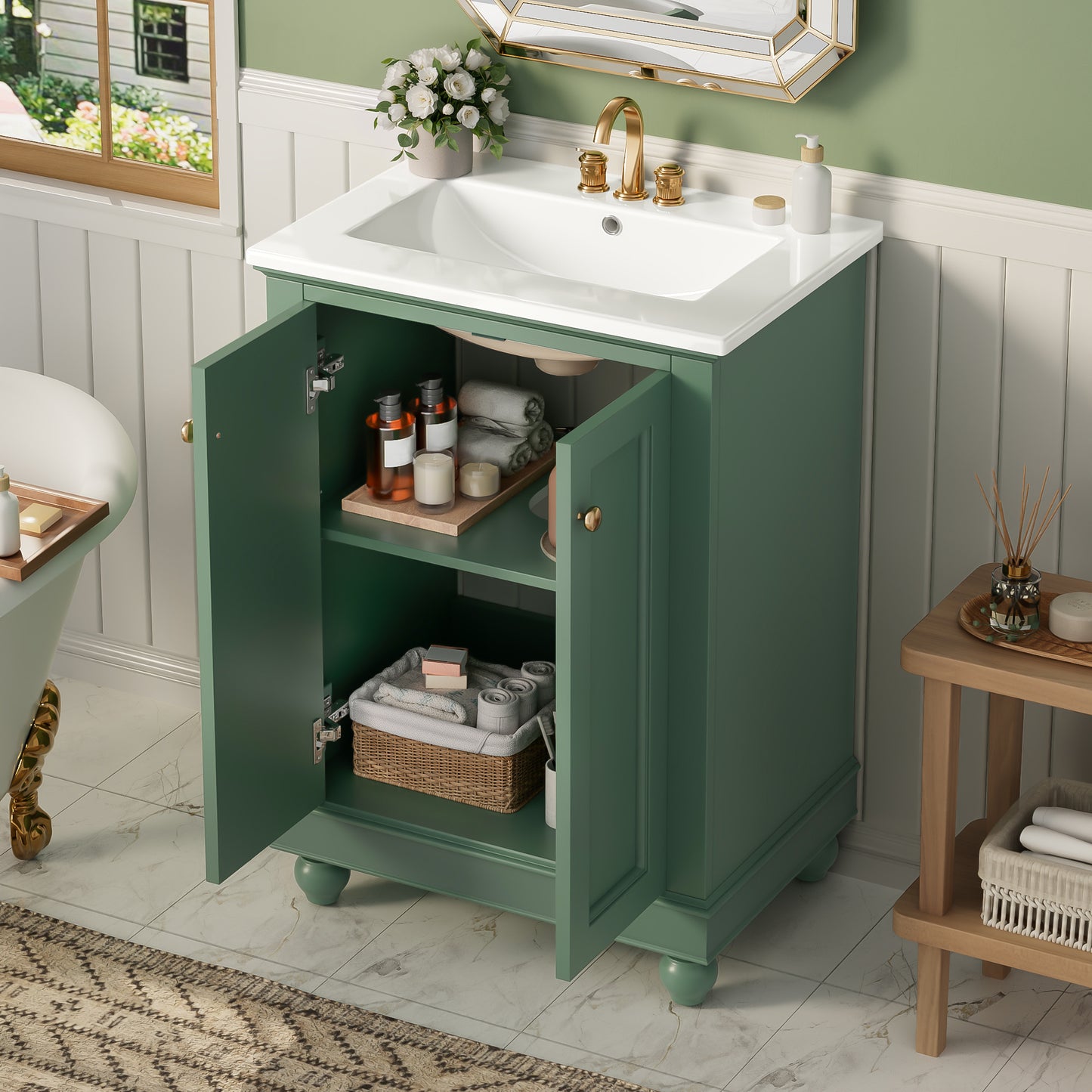 24 Inch Green Modern Bathroom Vanity Cabinet with Soft-Closing Storage