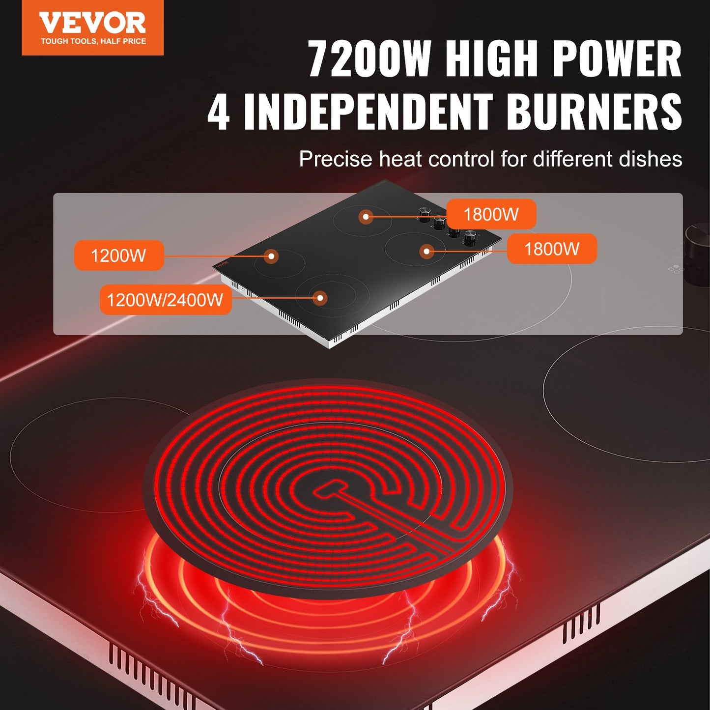 Built-in 7200W Electric Ceramic Cooktop with 4 Burners - Black, 30.3x20.5 Inch