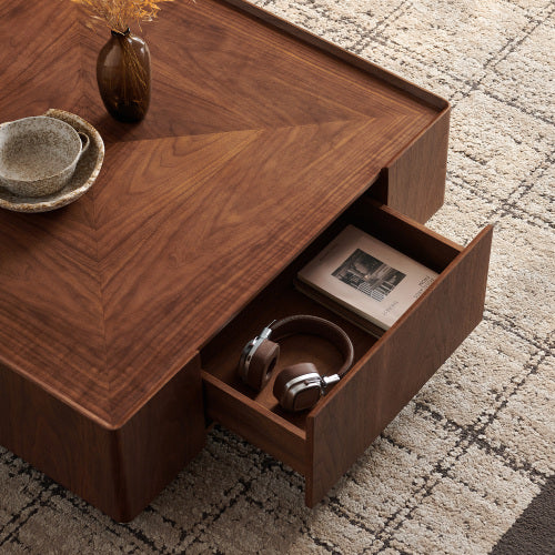 35.4-Inch Square Coffee Table - Modern Walnut Wood Design