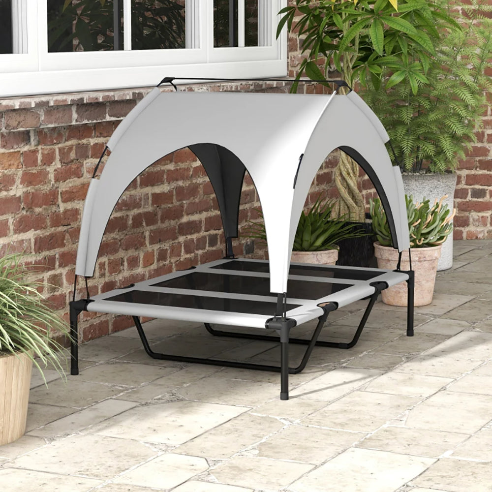 Elevated Outdoor Dog Bed with Canopy - Portable Camping Pet Bed, Breathable Mesh, Light Gray