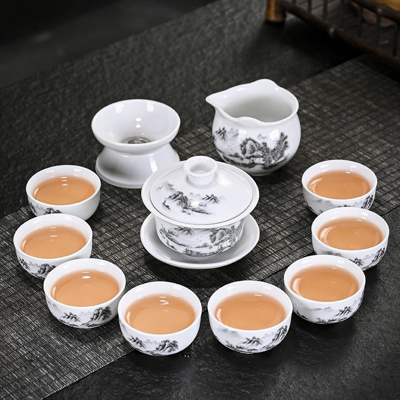 Porcelain Chinese Style Tea Set with Tea Tray - White Ceramic Tableware