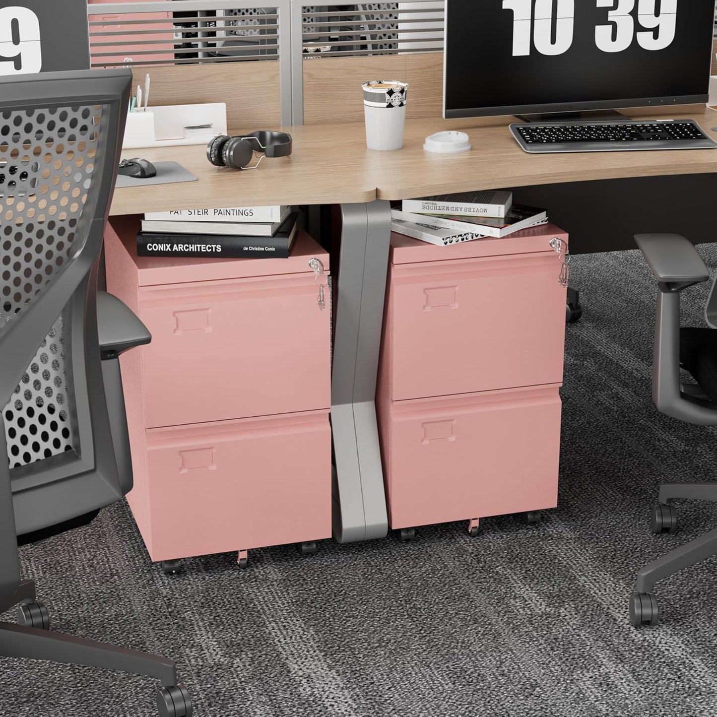 2-Drawer Mobile File Cabinet with Lock - Pink