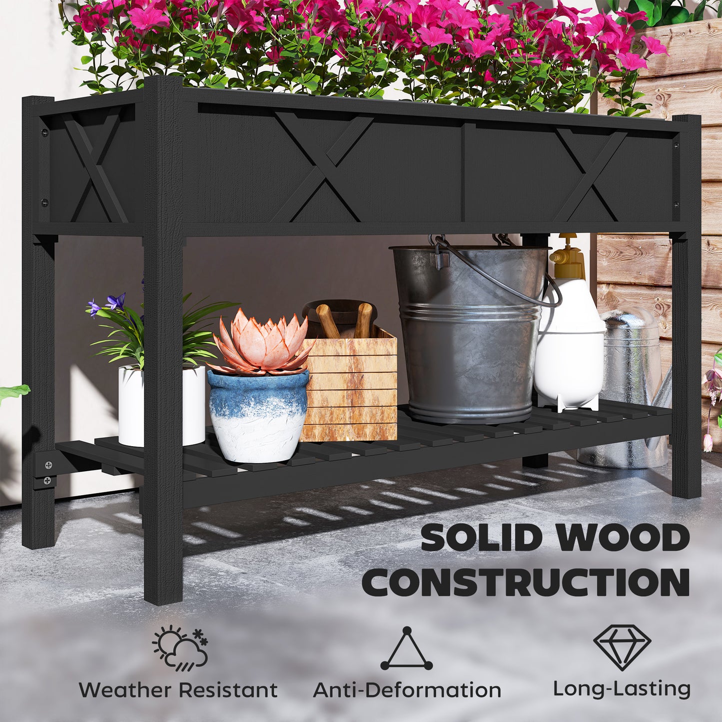 Raised Garden Bed with Storage Shelf & Drainage Holes - Black, 47x22x31.5 in.