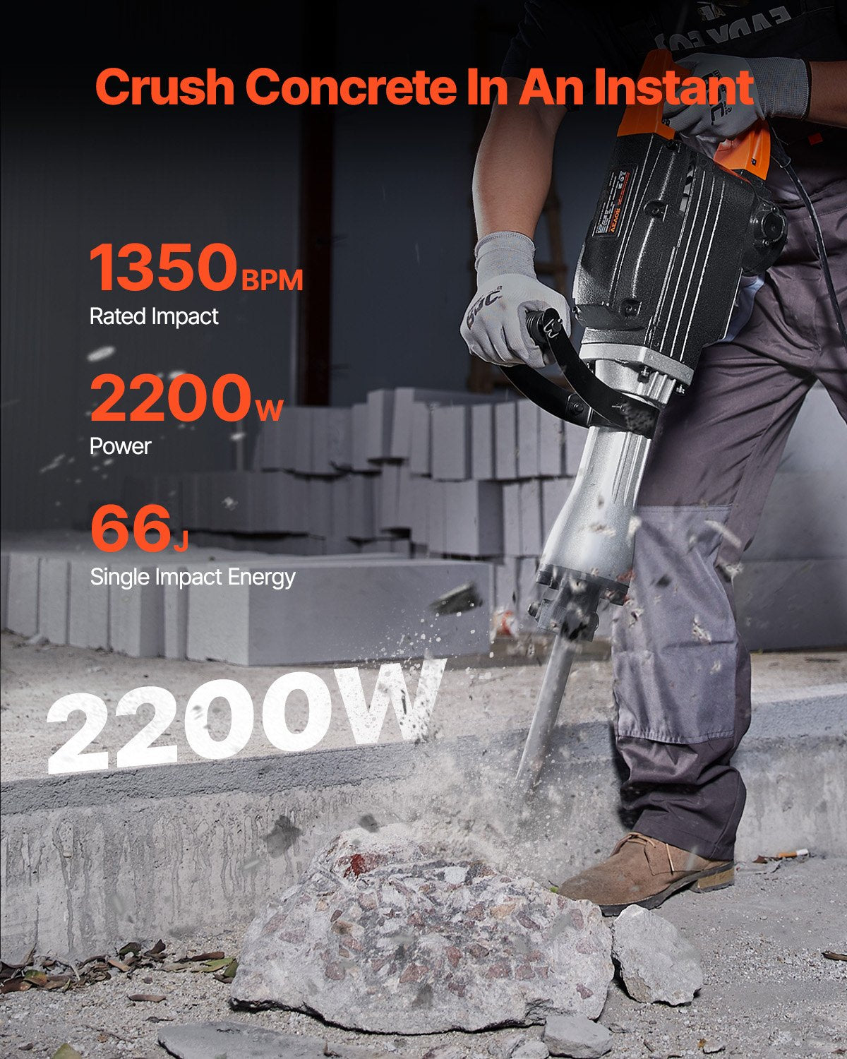 2200W Electric Demolition Jack Hammer with 2 Chisels & Case - Heavy Duty Concrete Breaker