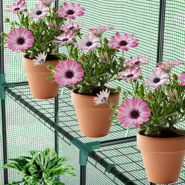 Garden Greenhouse with 8 Shelves, Green PE Cover & Black Iron Frame, 143x143x195cm