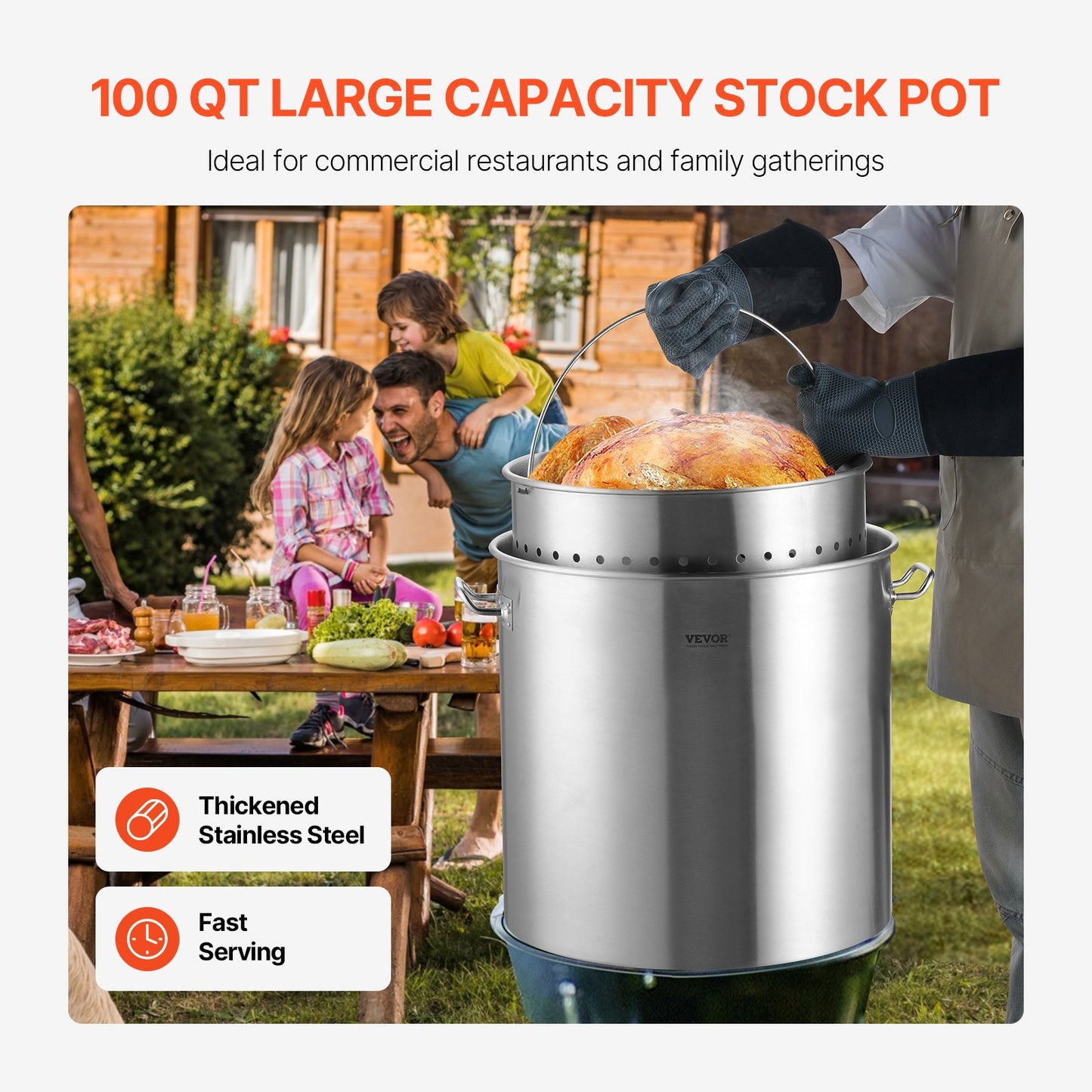 100QT Stainless Steel Stockpot with Basket & Lid - Silver