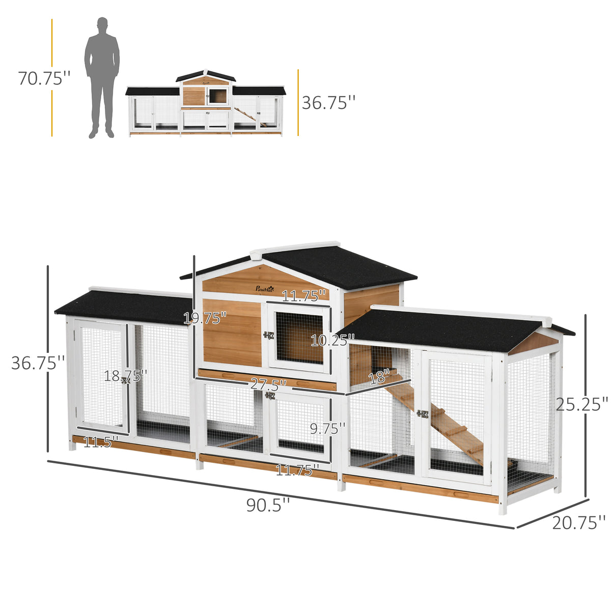 Wooden Bunny Hutch with Double Run & Ramp - 90.5 Inches Pet Cage for Rabbits & Small Animals, White