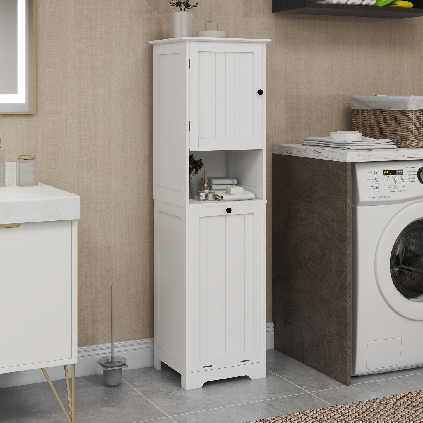 One-Door Tilt-Out Laundry Sorter Cabinet - White MDF