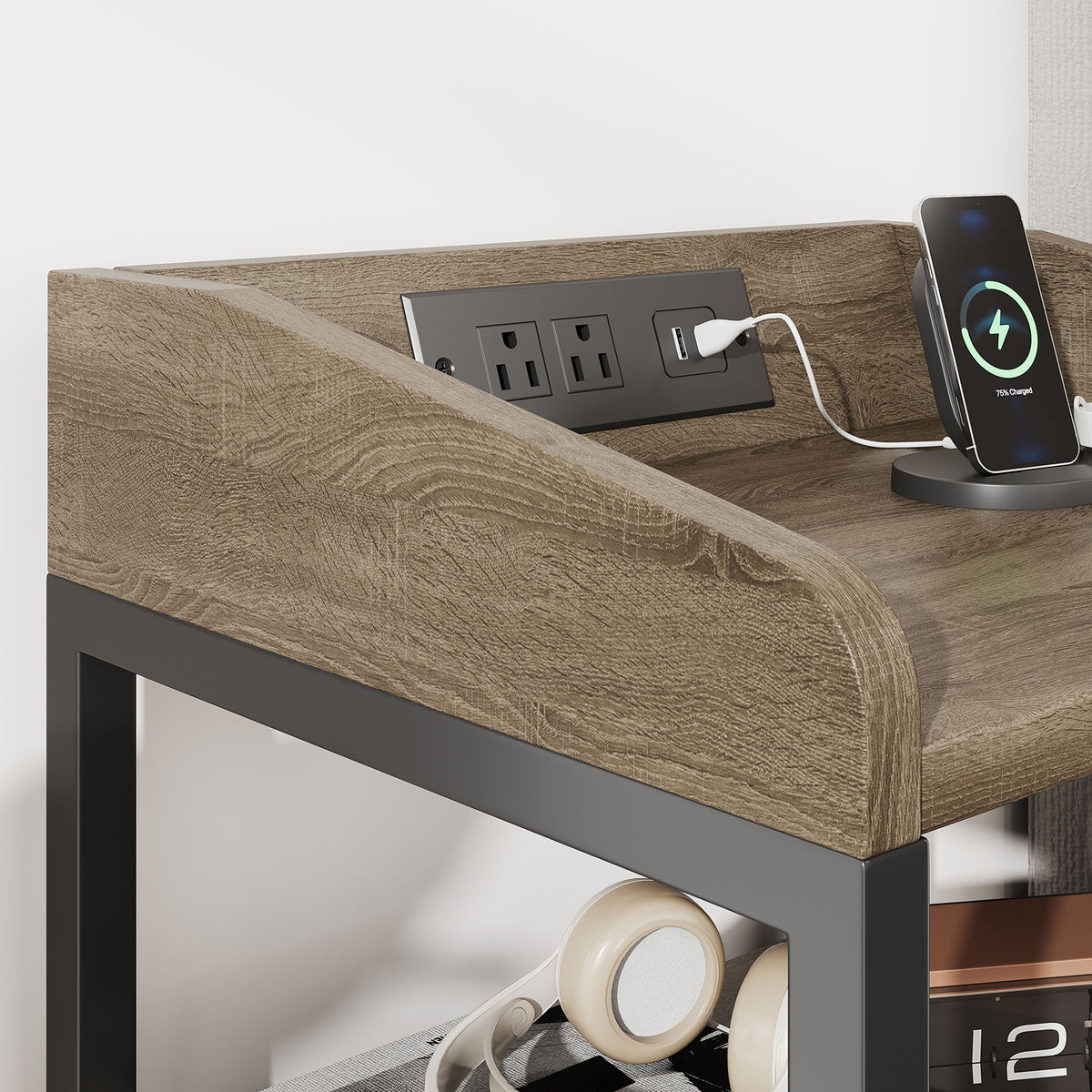 Nightstand with Charging Station and Fabric Drawers - Bedside End Table