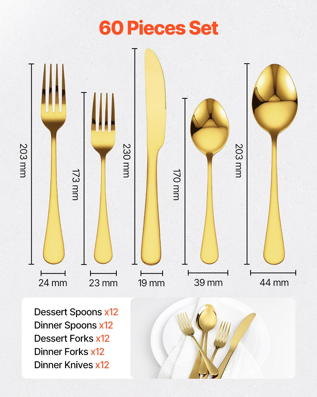 60-Piece Stainless Steel Flatware Set for 12 - Golden