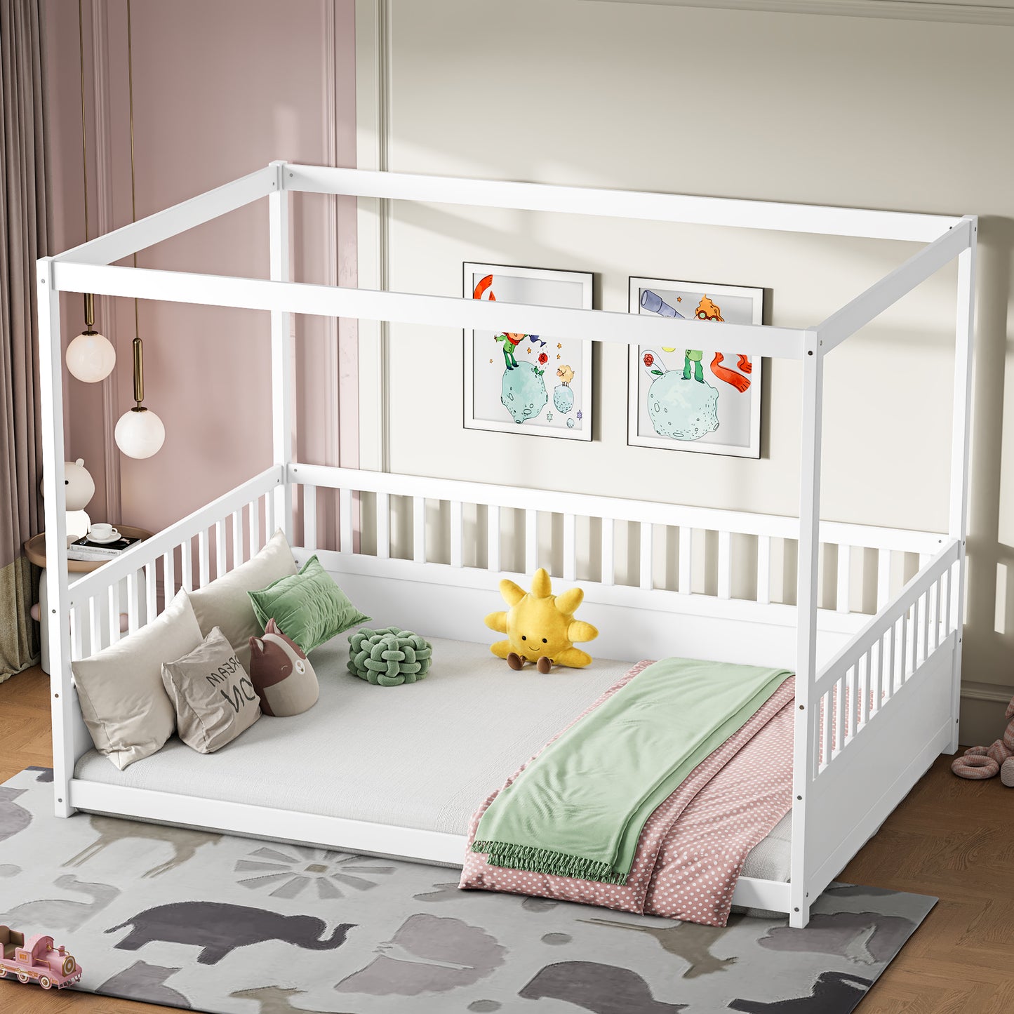 Full Size Canopy Bed Frame with Guardrails for Kids - White