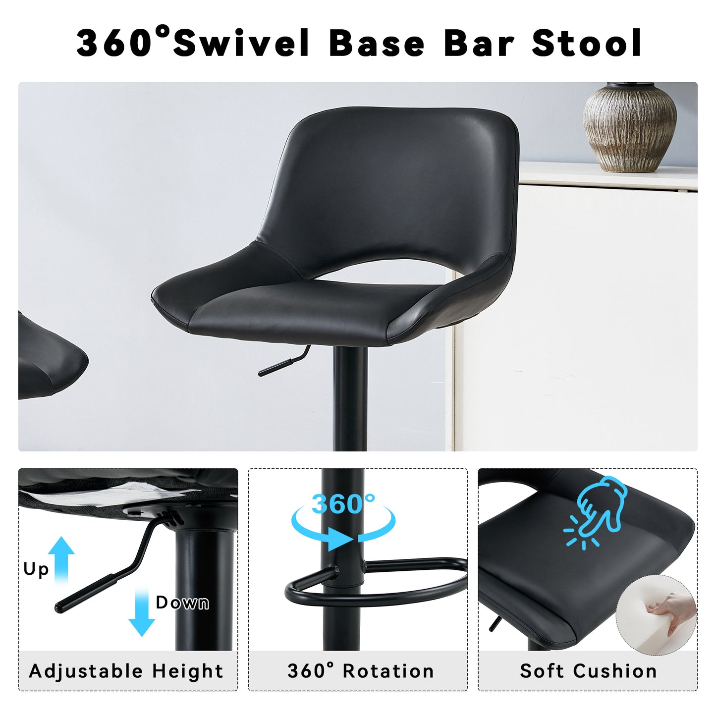 Modern Swivel Adjustable Bar Stools Set - 2 Pack, Black PU Material,
