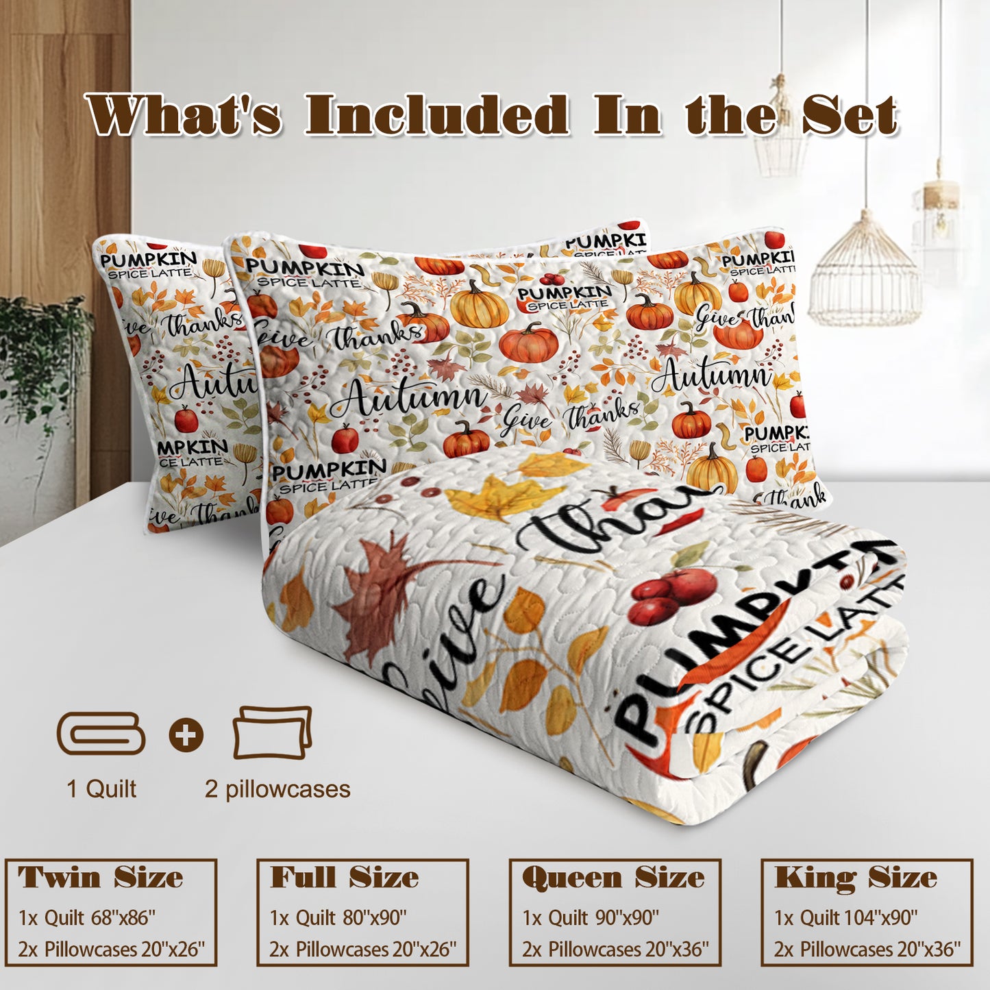 Pumpkin Autumn Leaves Quilt Set - 1 Quilt, 2 Shams