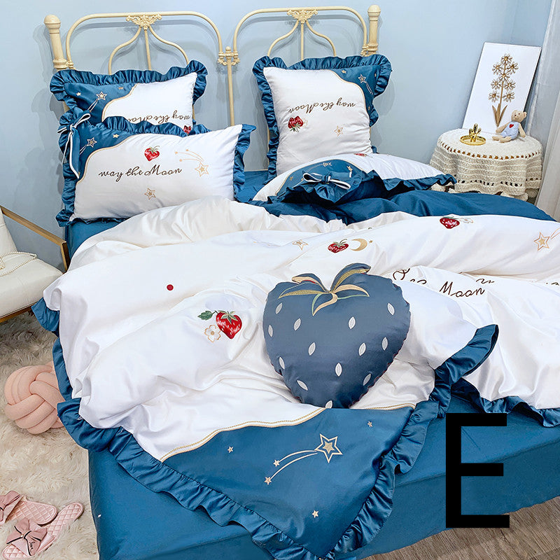 Cotton Embroidery Duvet Cover Set - Four-Piece Bedding with Strawberry Design
