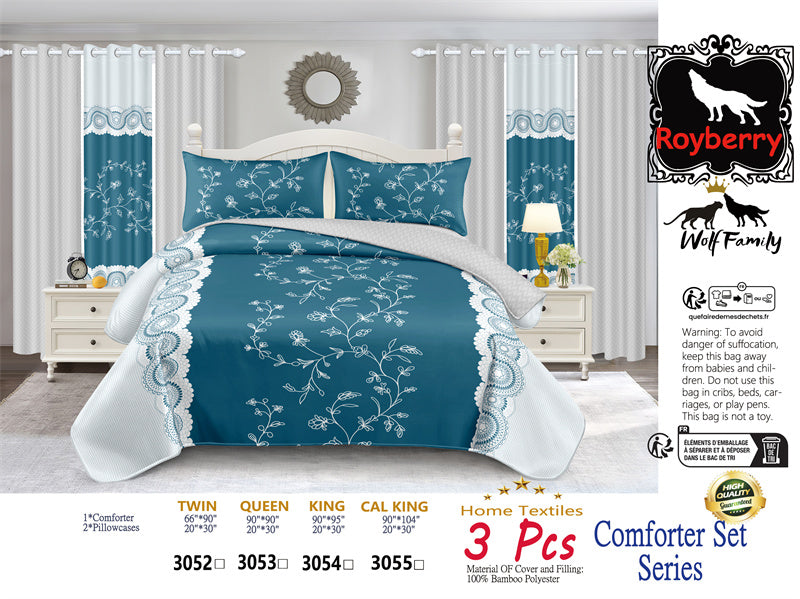 Teal Floral Quilt Set - 3-Piece Bedding with Pillow Shams