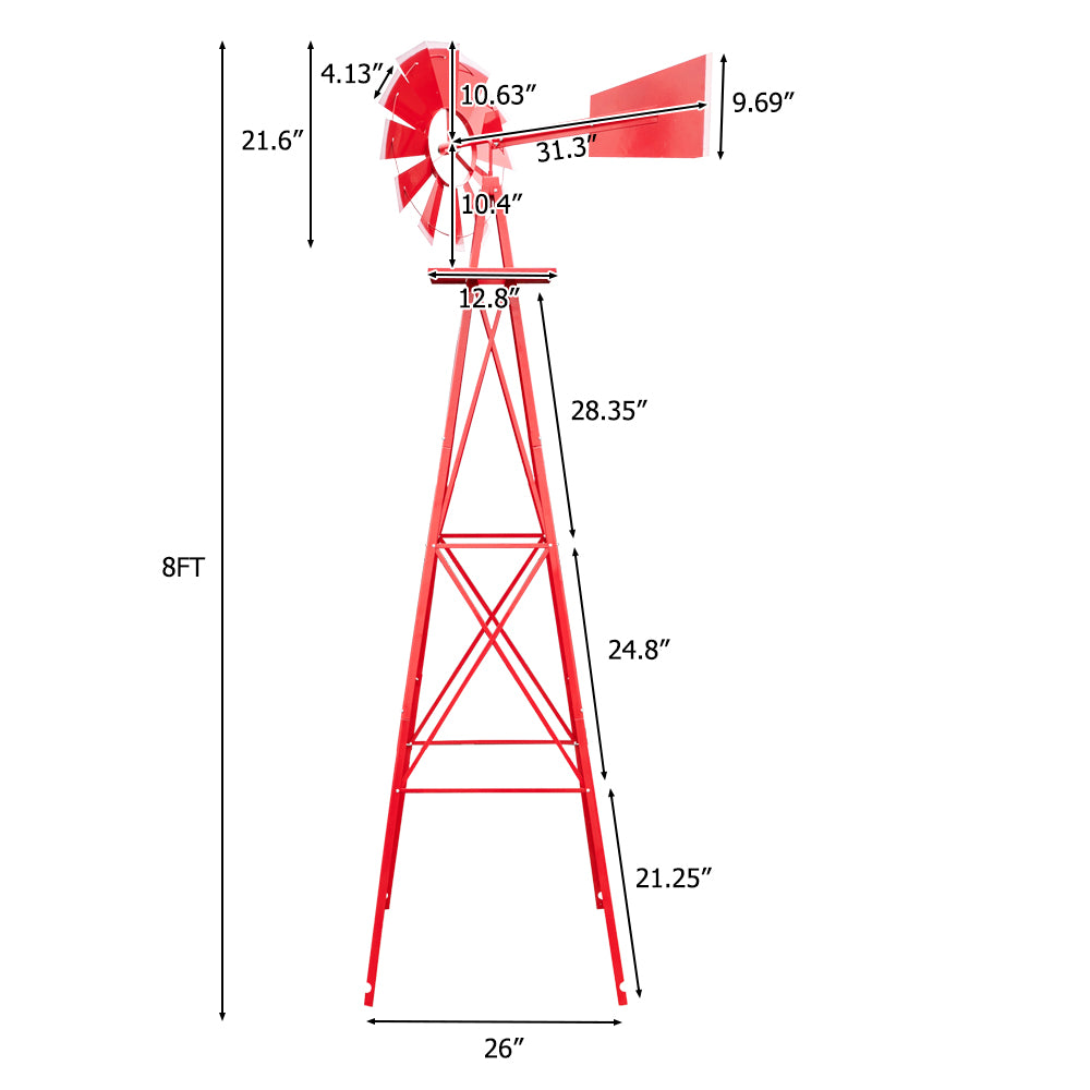 8FT Weather Resistant Garden Windmill with Steel Frame - Red Decorative Windmill for Lawn & Yard