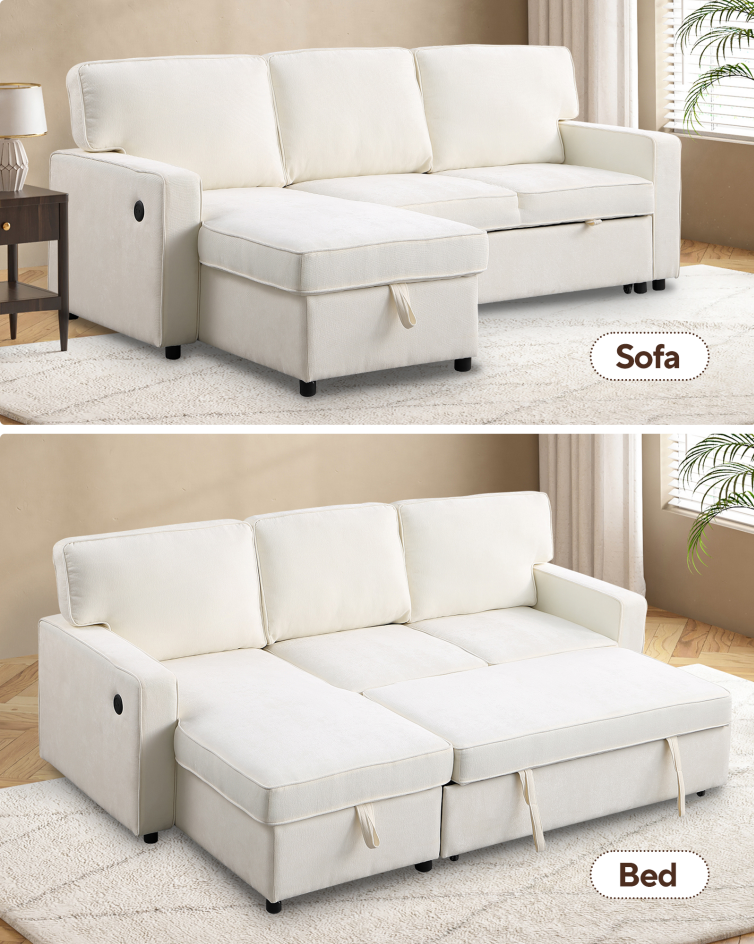 Upholstery Sleeper Sectional Sofa with Storage & USB Port - Beige