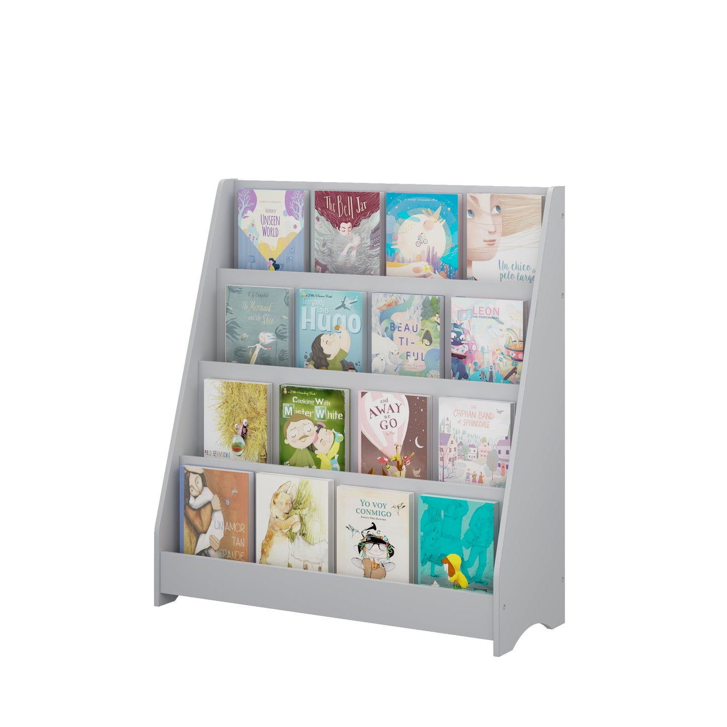 4-Tier Kids Bookshelf - Gray MDF Book Display for Bedrooms & Playrooms