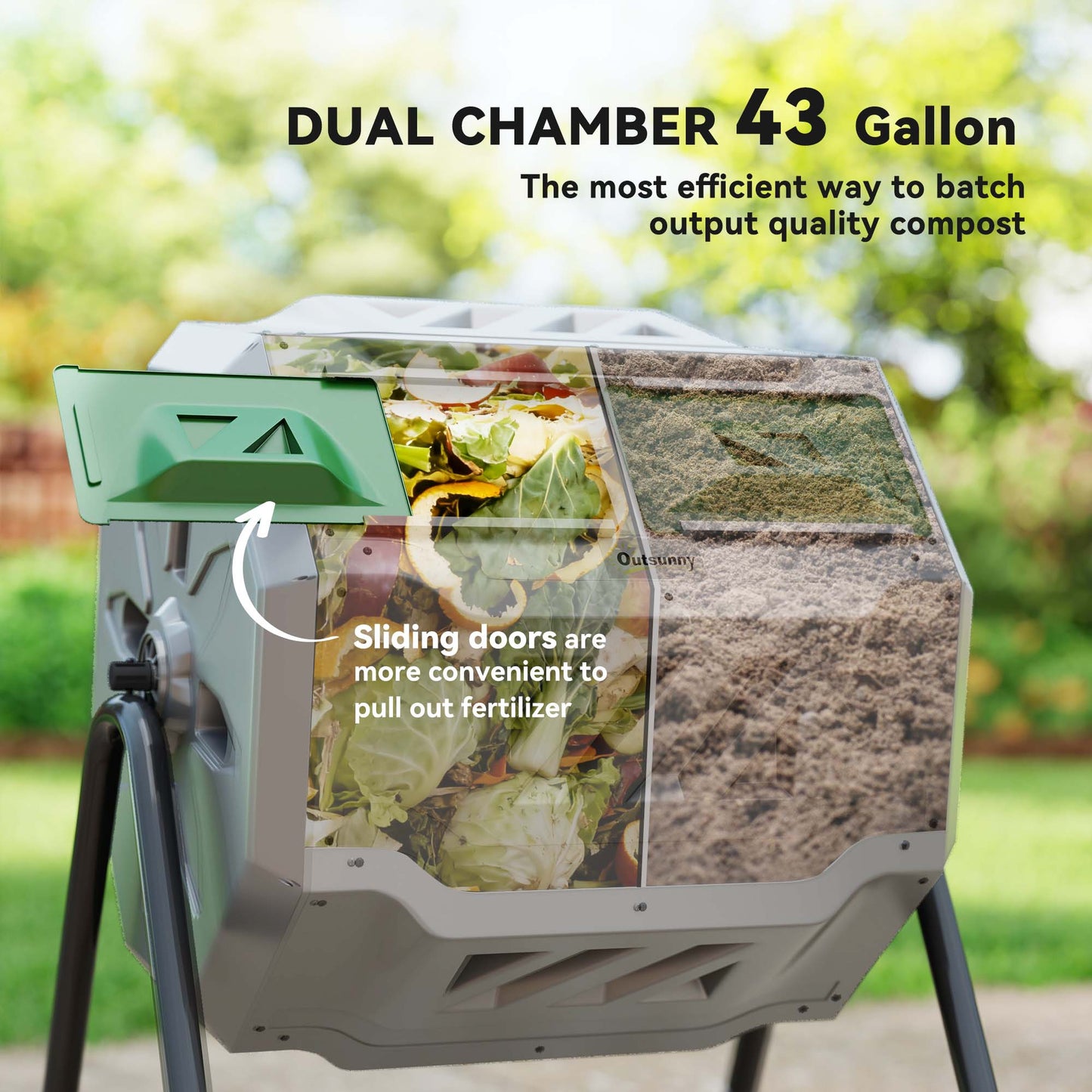 Outdoor 360° Rotating Compost Bin - Dual Chamber 43 Gallon Garden Tool
