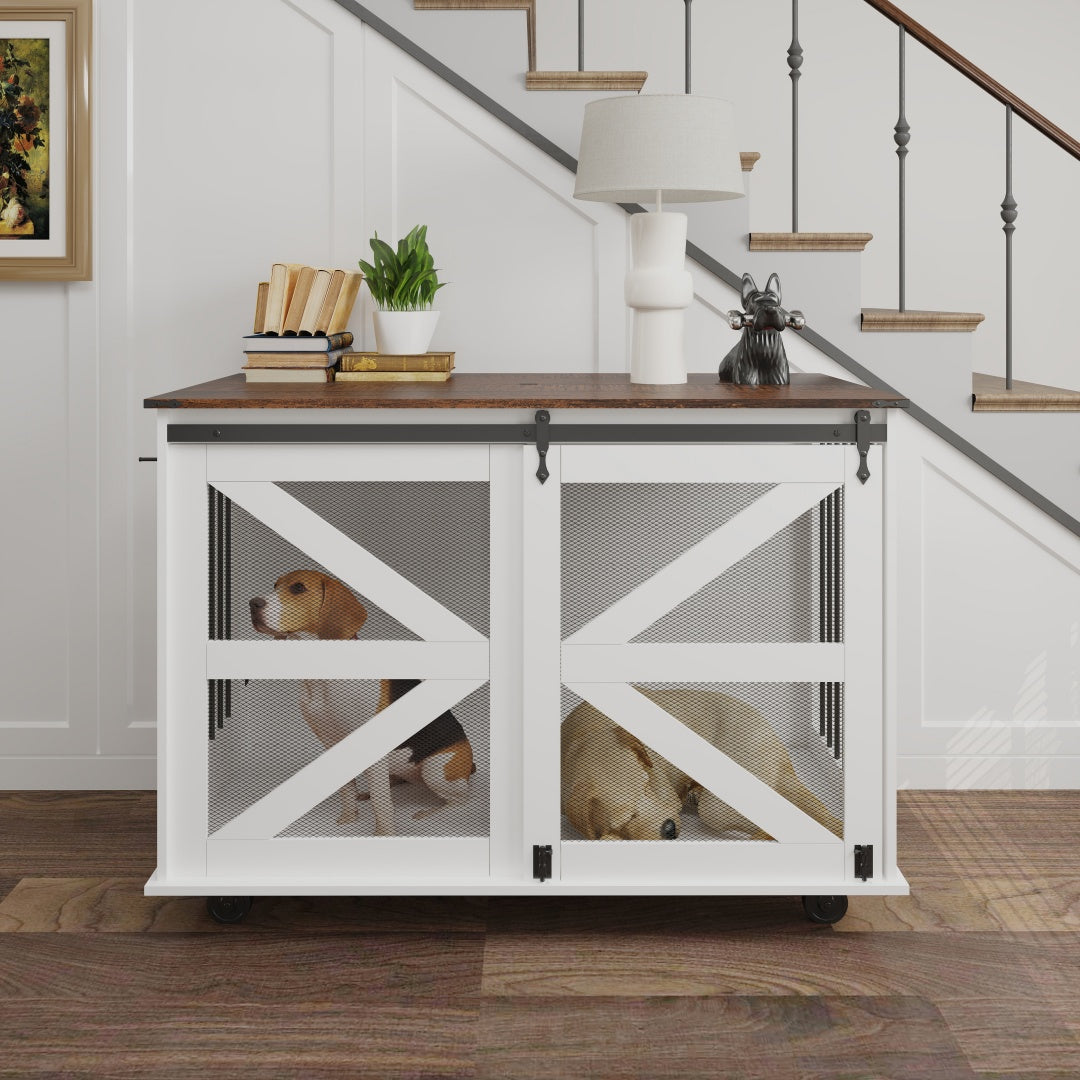 47.2-Inch Mobile Dog Crate with Flip-Top Feeding Door, Dual-Access & Casters