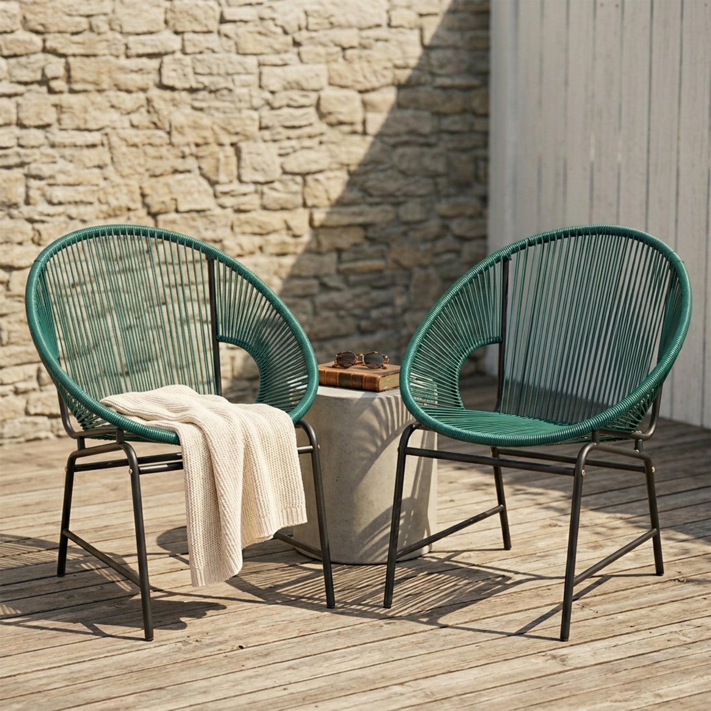 NUSA OUTDOOR PATIO WICKER CHAIR, TEAL PE RATTAN & IRON FRAME, SET OF 2
