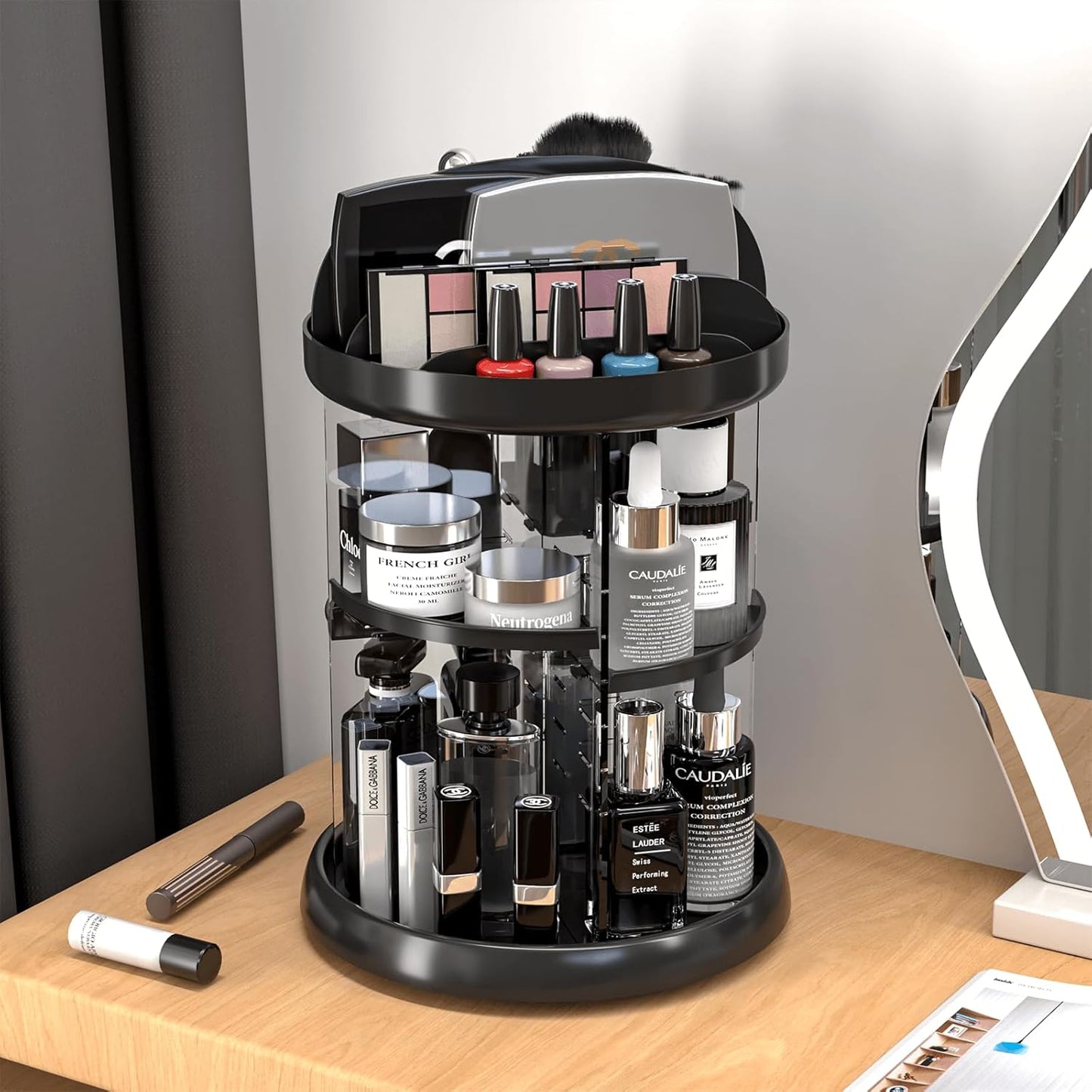 360 Rotating Makeup Organizer with Adjustable Shelves Clear Acrylic Vanity Storage
