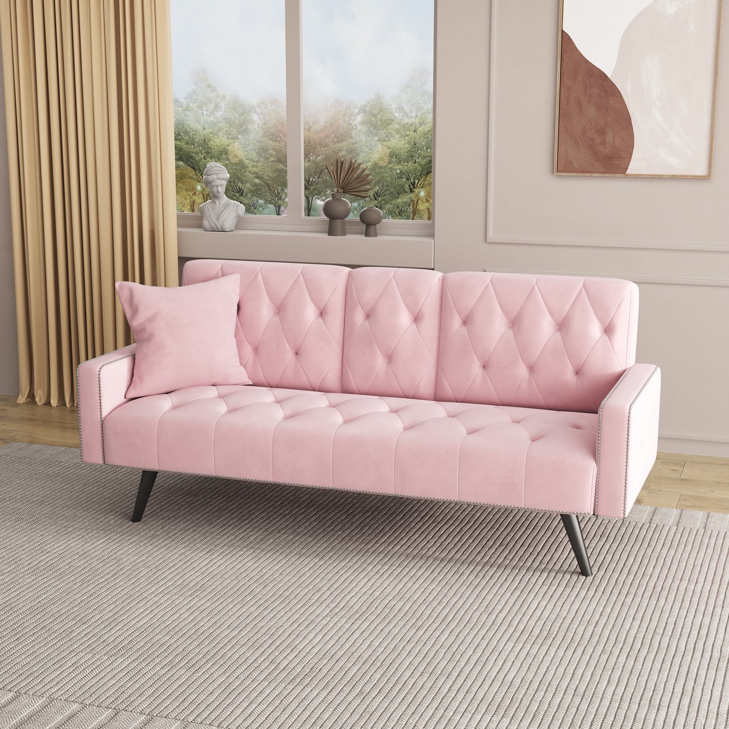 Pink Velvet Sofa Bed with Armrests & Cup Holders - 72"