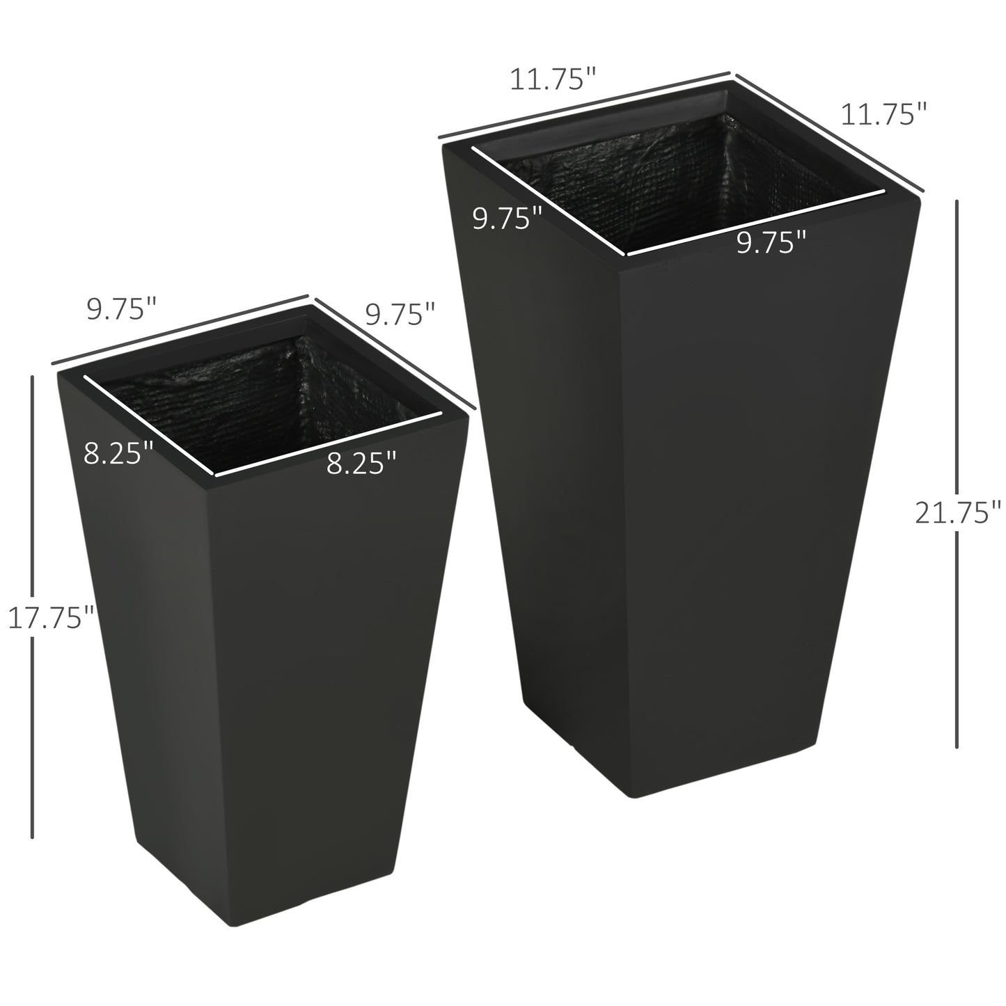 Large Outdoor Flower Planters Set of 2 - Stackable, Drainage Holes, Black