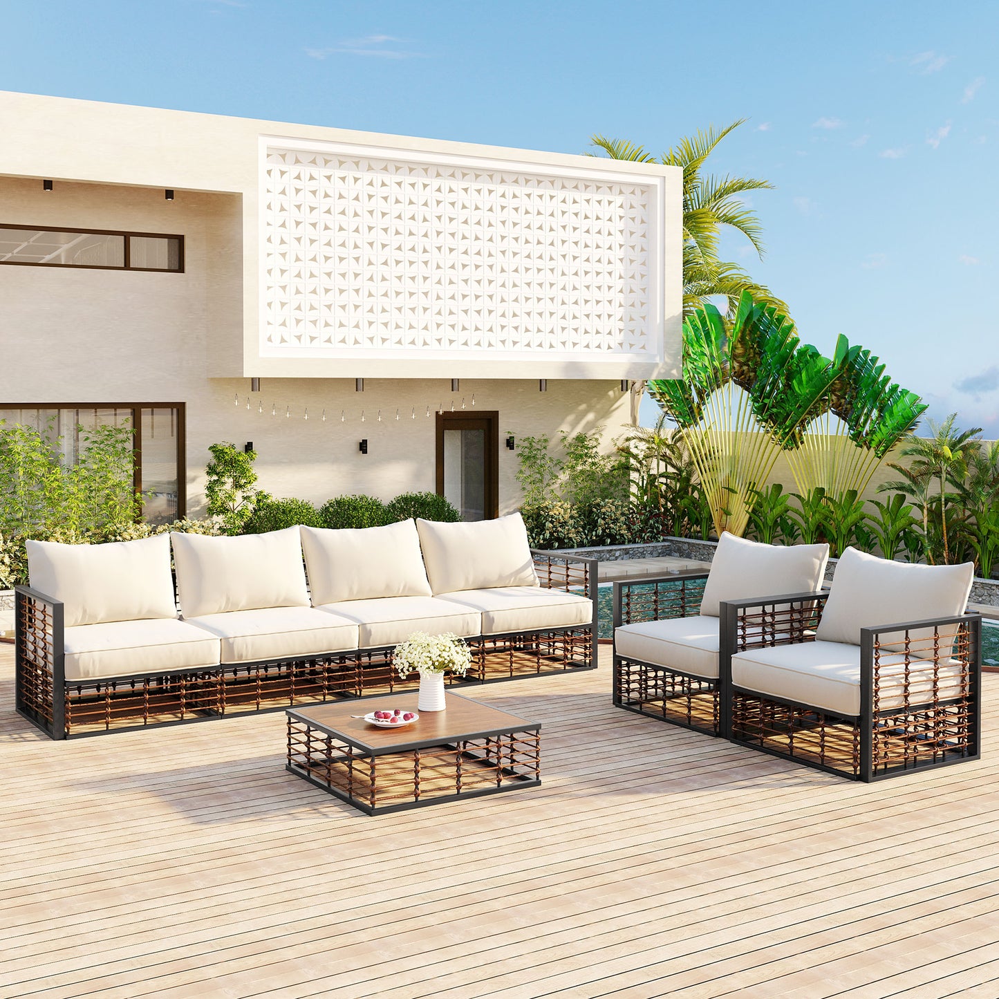 Modern Minimalist 7-Piece Metal Patio Sectional Sofa Set - Dark Grey