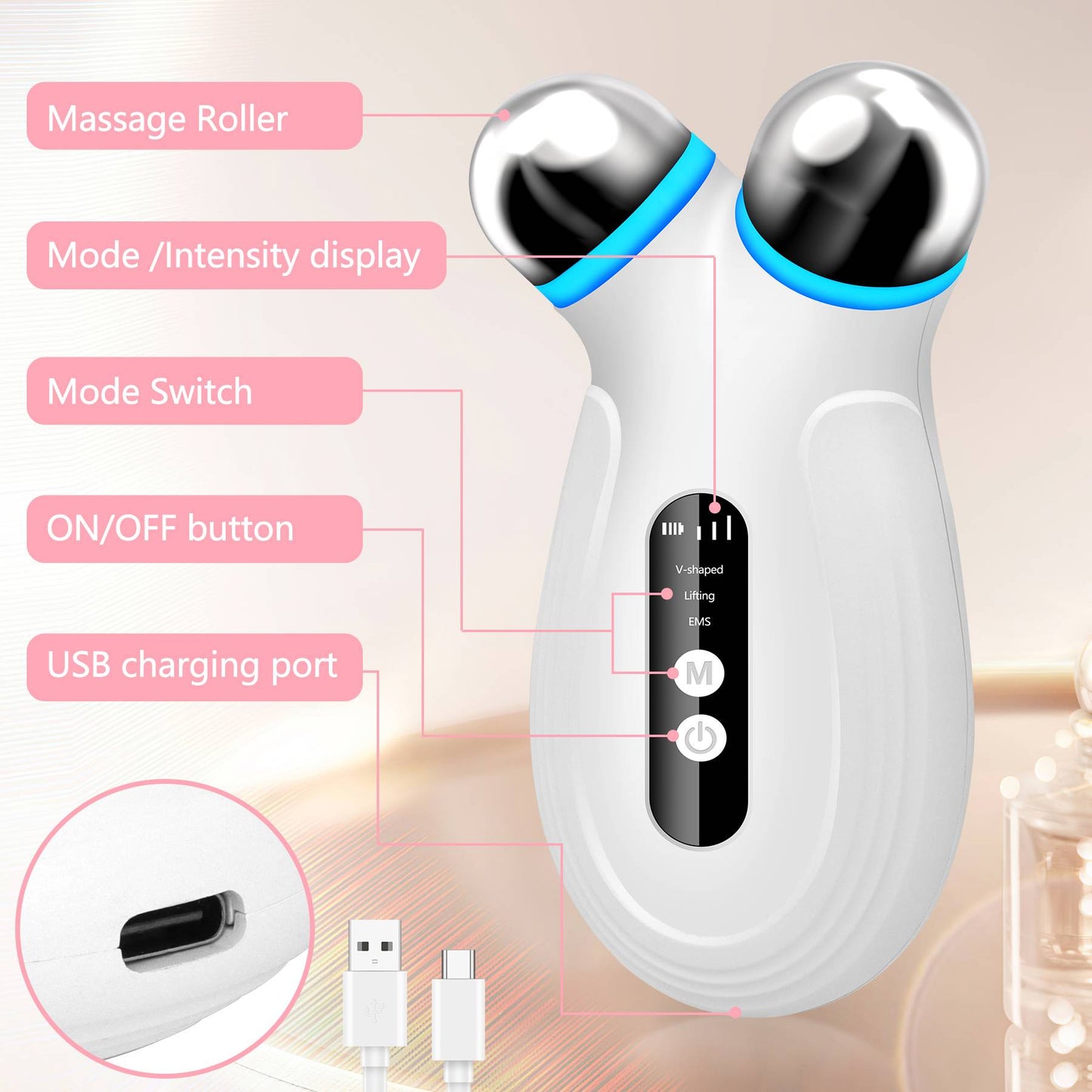 Microcurrent Facial Lifting Device for Anti-Aging & Skin Firming - White