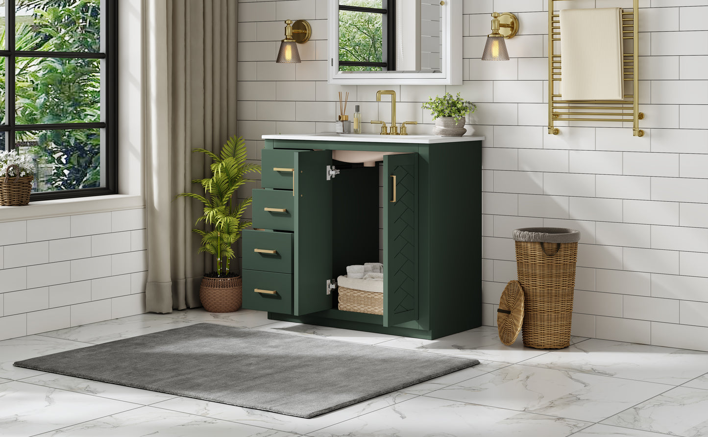 36-Inch Green Bathroom Vanity with Ceramic Sink & Storage Cabinet