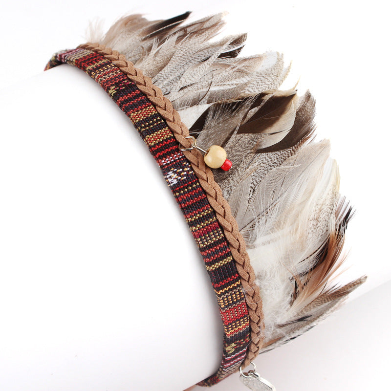 Bohemian Fabric Feather Headband with Ribbon Rope - Handmade Accessories