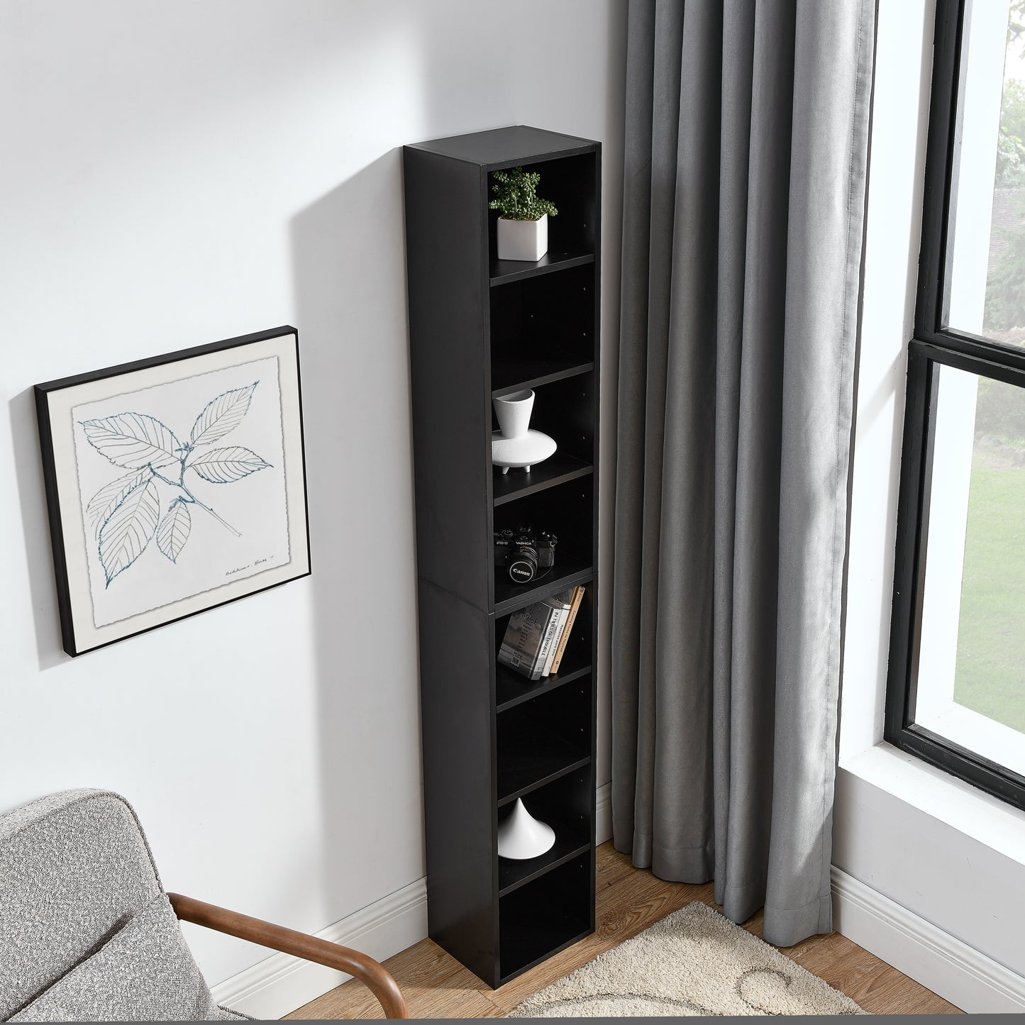 8-Tier Media Tower Rack - Slim Storage Cabinet with Adjustable Shelves - Black