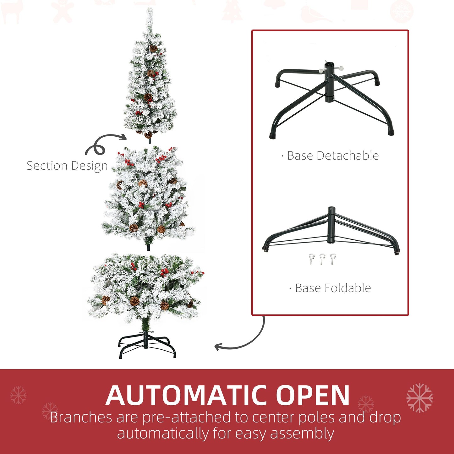 6 Foot Flocked Artificial Christmas Tree with Pine Cones & Berries