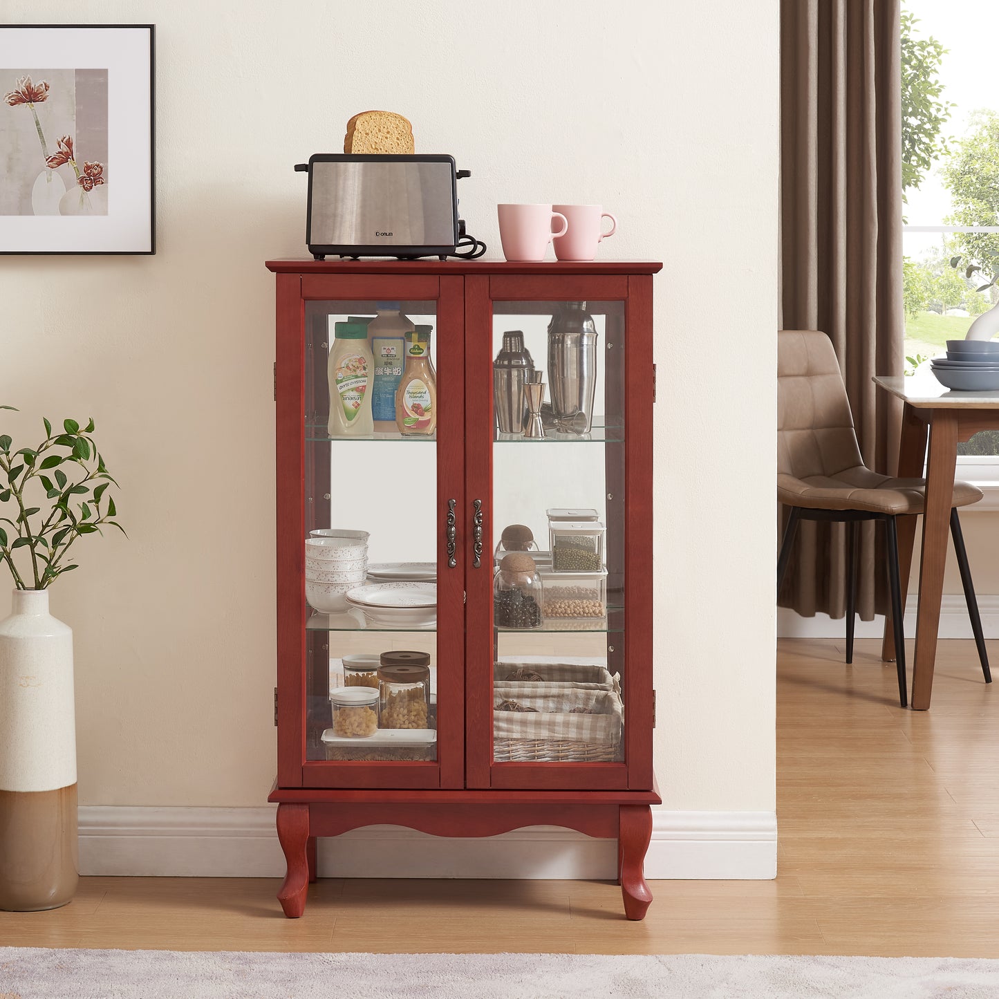 Lighted Curio Cabinet with Glass Doors & Adjustable Shelves - Cherry